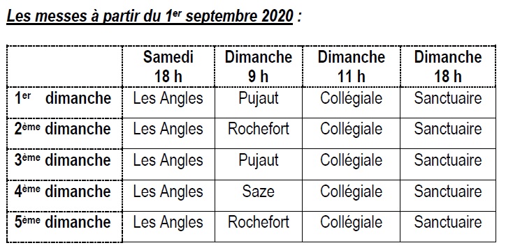 Messes à partir du 01 Septembre 2020